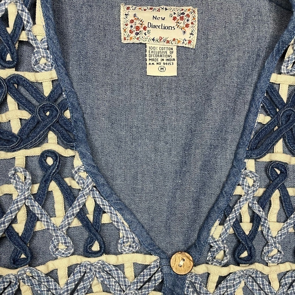 Vintage Denim Crochet Lace Vest Women’s M Boho Western Cowgirl Button Front - Picture 6 of 7